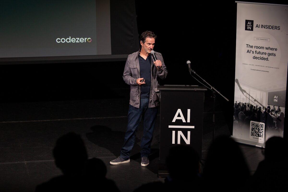 Founder presenting on the AI Insiders stage at Chorus Theater, San Francisco